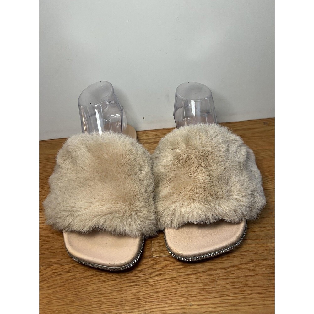 Wild Diva Lounge Shoes Womens Size 10 Beige Faux Fur Slide Sandals Rhinestone